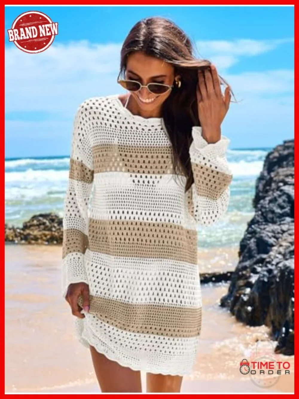 Crochet Knit Cover Up Dress Long Sleeve Beach Swimwear Mesh Hollow Out